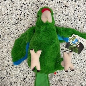 Plush Green Parrot Toy with Blue Accents